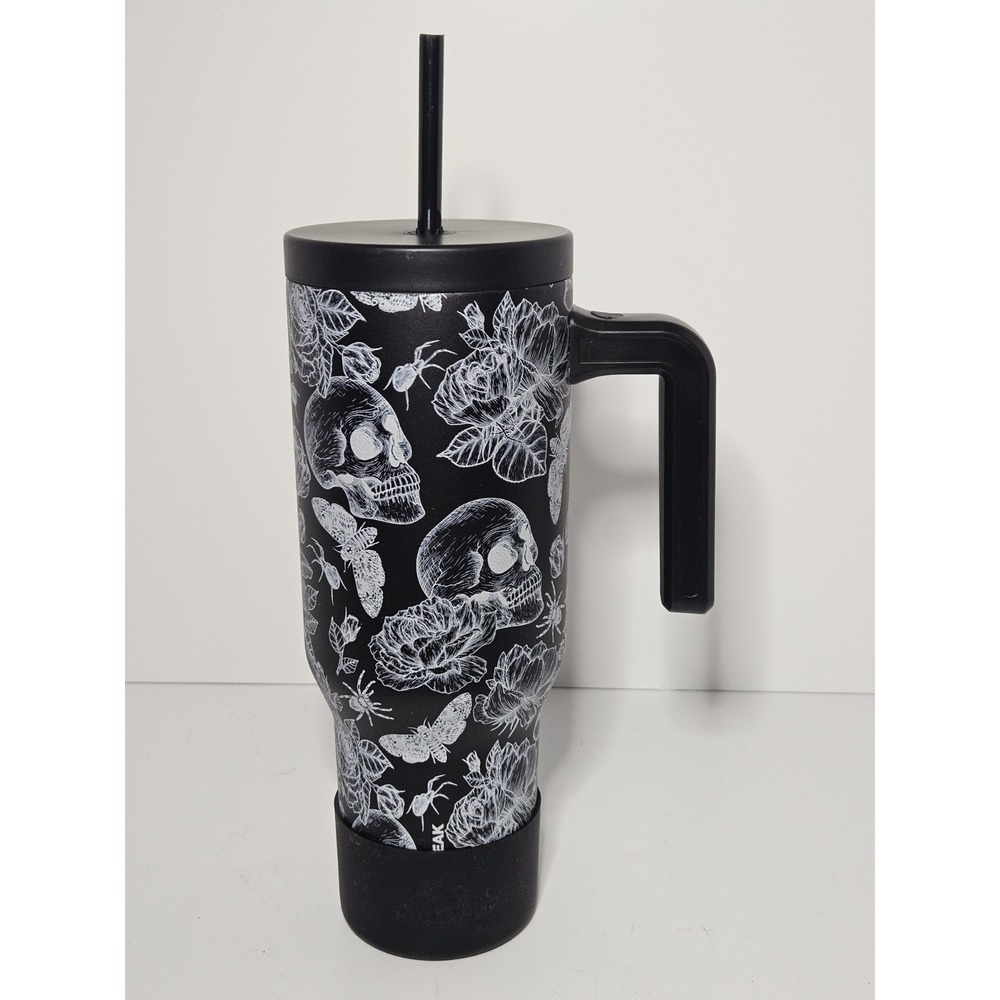 Hydrapeak Voyager 40 oz Halloween Skull Floral Tumbler Black Goth Rose Cup